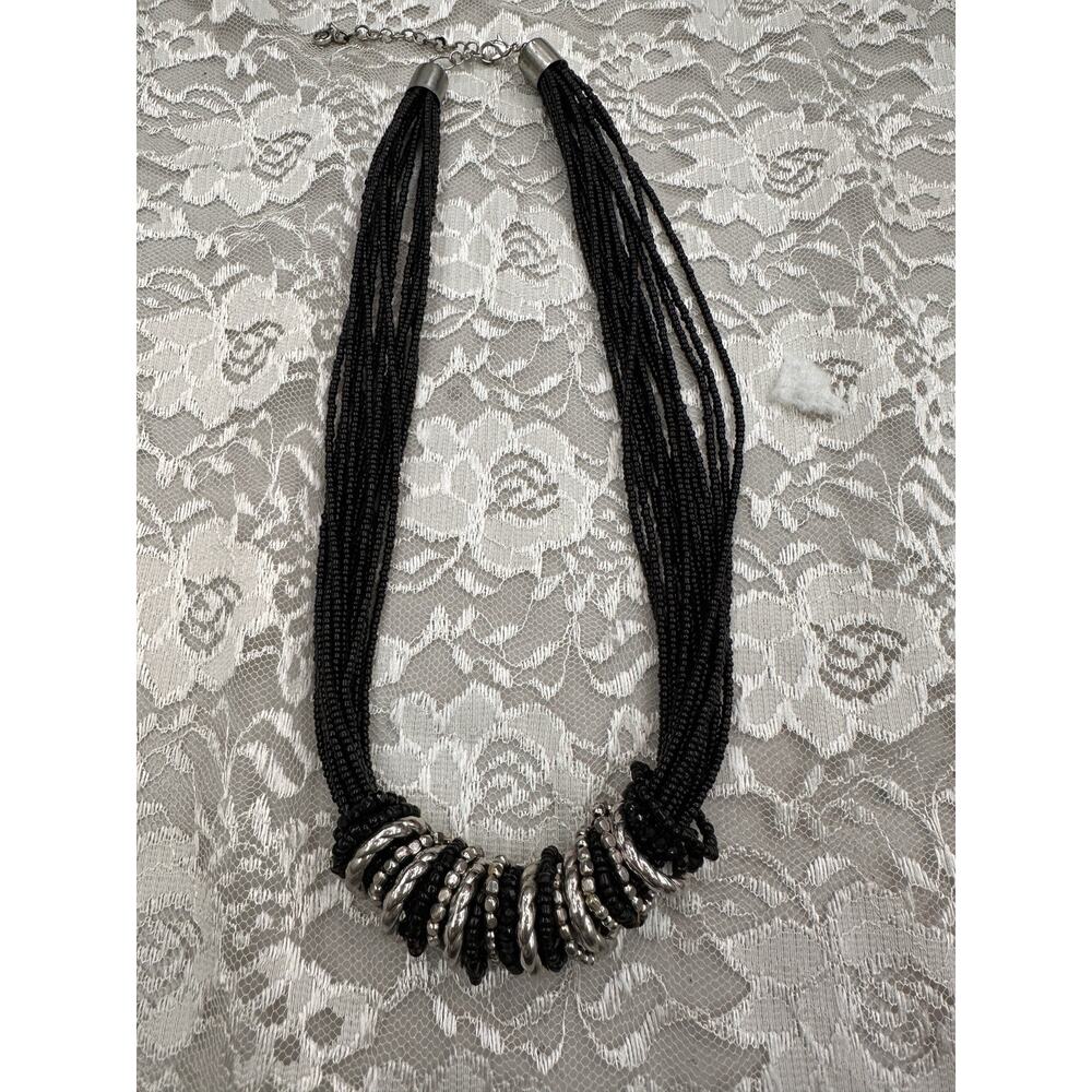 Vintage Silvertone Bead Black Rhinestones Multi Strands 26" Collar Necklace Glam